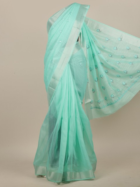 

Pothys Sea Green & Silver-Toned Floral Embroidered Zari Saree