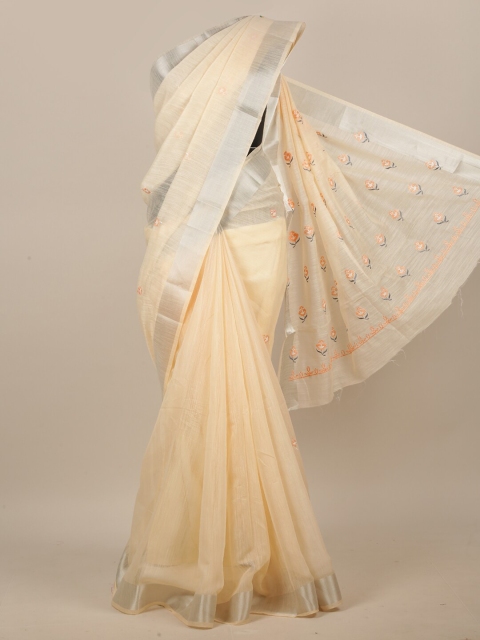 

Pothys Beige & Silver-Toned Floral Zari Saree