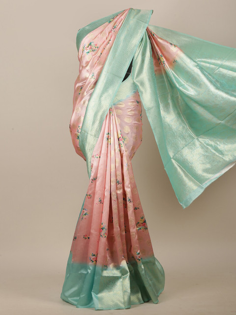 

Pothys Peach-Coloured & Sea Green Ethnic Motifs Zari Jute Cotton Saree