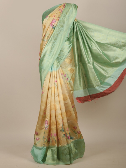 

Pothys Cream-Coloured & Green Ethnic Motifs Zari Jute Cotton Saree
