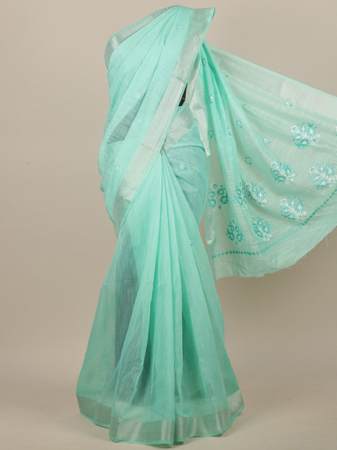 

Pothys Green & White Ethnic Motifs Embroidered Saree