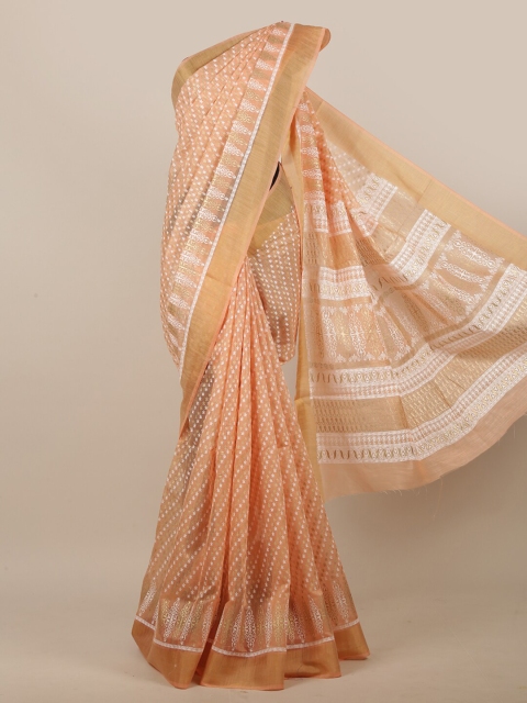 

Pothys Peach-Coloured & White Floral Printed Chanderi Cotton Zari Saree