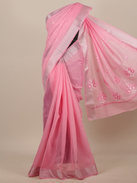 

Pothys Pink & White Ethnic Motifs Zari Saree