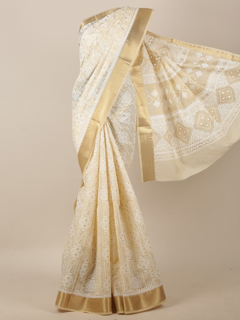 

Pothys Cream-Coloured & White Floral Zari Saree