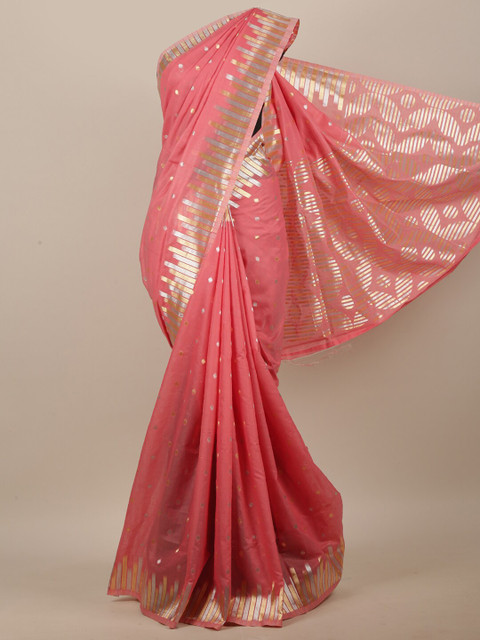 

Pothys Pink & Gold-Toned Woven Design Zari Jute Cotton Saree