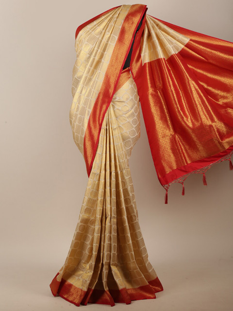 

Pothys Cream-Coloured & Red Woven Design Zari Jute Cotton Saree