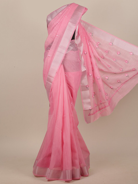 

Pothys Pink & Silver-Toned Floral Saree
