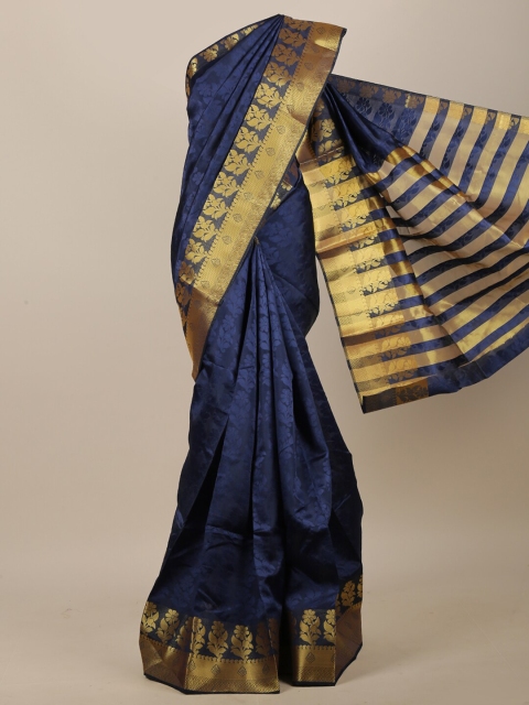 

Pothys Navy Blue & Gold-Toned Floral Zari Jute Cotton Saree