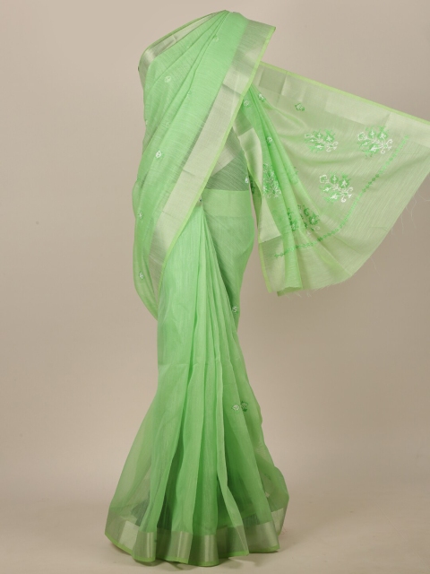 

Pothys Green & Silver-Toned Floral Zari Saree