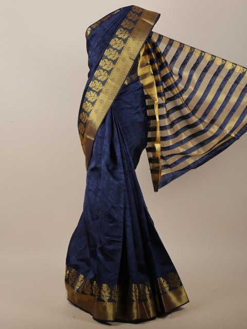 

Pothys Navy Blue & Gold-Toned Floral Zari Jute Cotton Saree