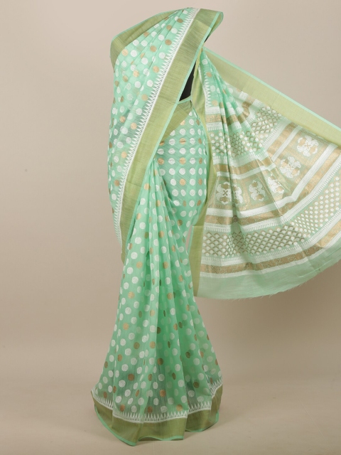 

Pothys Green & White Zari Chanderi Cotton Saree