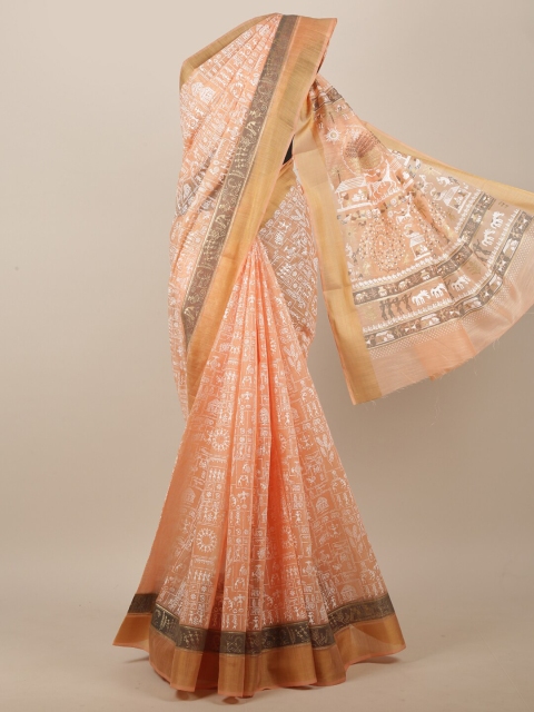 

Pothys Peach-Coloured & Gold-Toned Ethnic Motifs Zari Saree