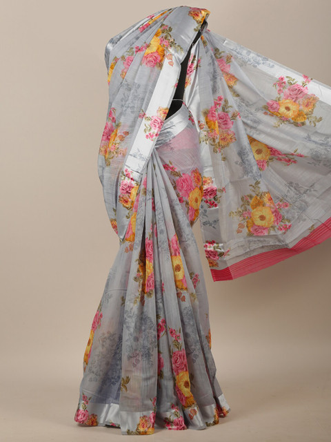 

Pothys Grey & Pink Floral Zari Saree