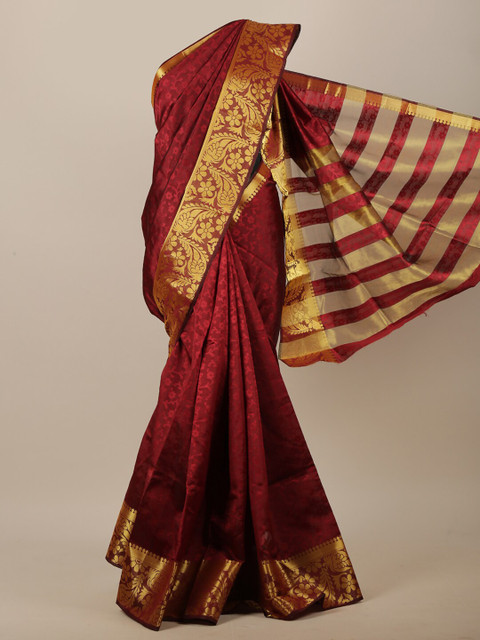 

Pothys Maroon & Gold-Toned Floral Zari Jute Cotton Saree
