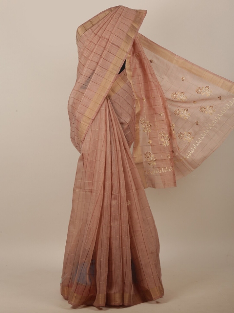 

Pothys Mauve & Gold-Toned Striped Embroidered Saree