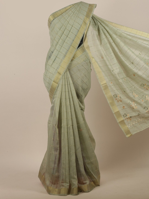 

Pothys Green & Gold-Toned Checked Zari Saree