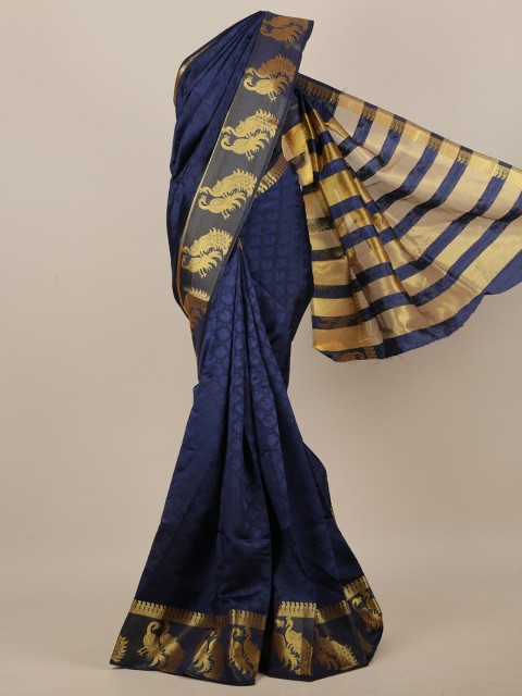 

Pothys Navy Blue & Gold-Toned Floral Jute Cotton Saree