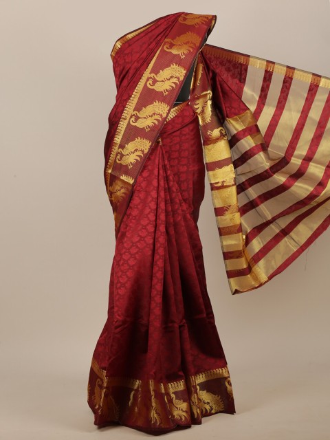 

Pothys Maroon & Gold-Toned Ethnic Motifs Zari Jute Cotton Saree