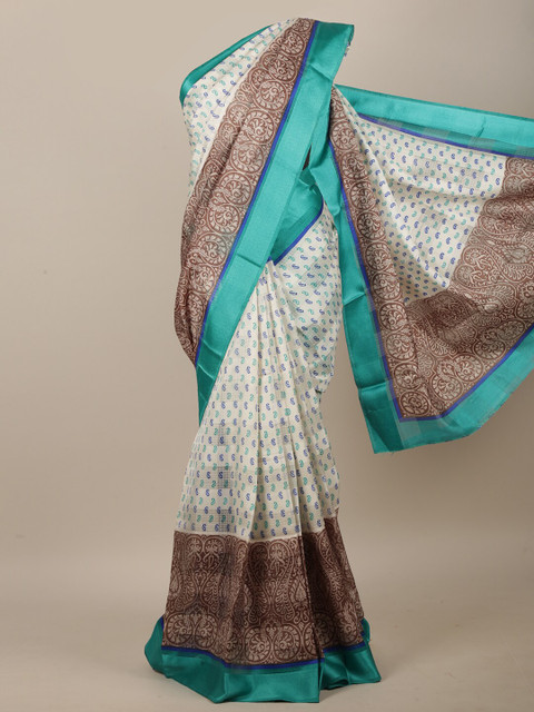 

Pothys Cream-Coloured & Blue Paisley Saree