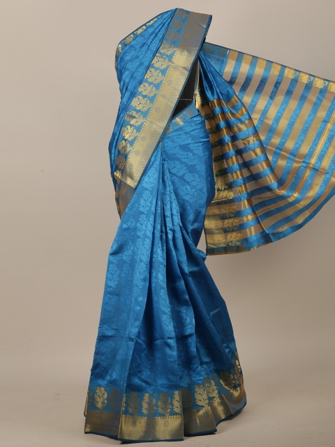 

Pothys Blue & Gold-Toned Floral Zari Jute Cotton Saree