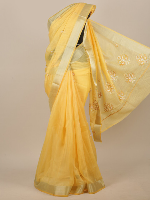

Pothys Yellow & Silver-Toned Zari Chanderi Cotton Saree