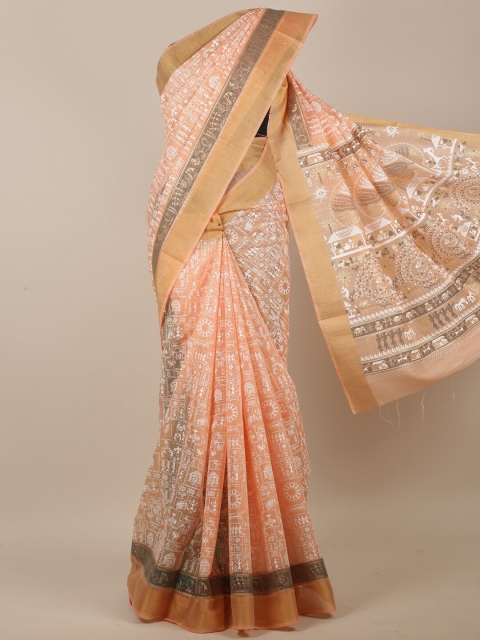 

Pothys Peach-Coloured & White Ethnic Motifs Zari Saree