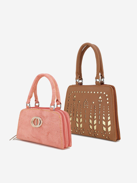 

Element Cart Pink & Brown Textured Cut Work Purse Clutch