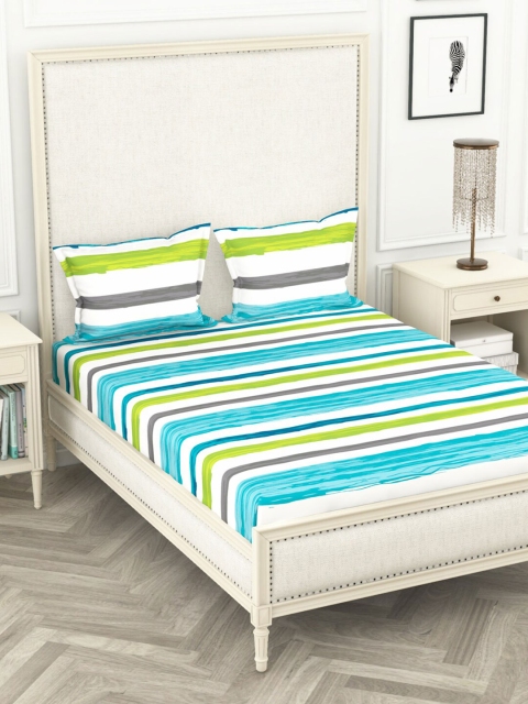 

BIANCA Blue & Green Striped 110 TC Pure Cotton Queen Bedsheet with 2 Pillow Covers