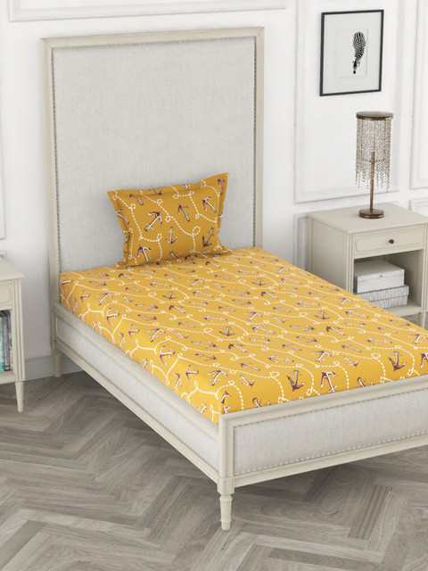 

BIANCA Gold-Toned & Brown Geometric 110 TC Cotton Single Bedsheet with 1 Pillow Covers