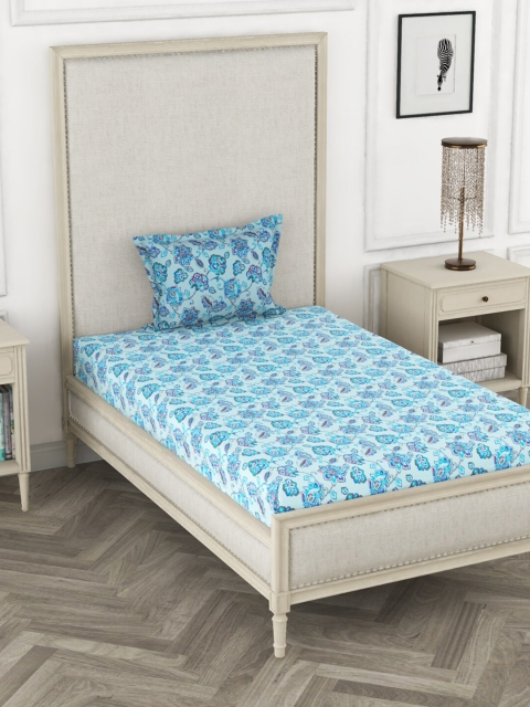 

BIANCA Blue Floral Printed 110 TC 100% Cotton Single Bedsheet with 1 Pillow Cover