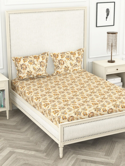 

BIANCA Mustard & Brown Floral 110 TC Pure Cotton Queen Bedsheet with 2 Pillow Covers