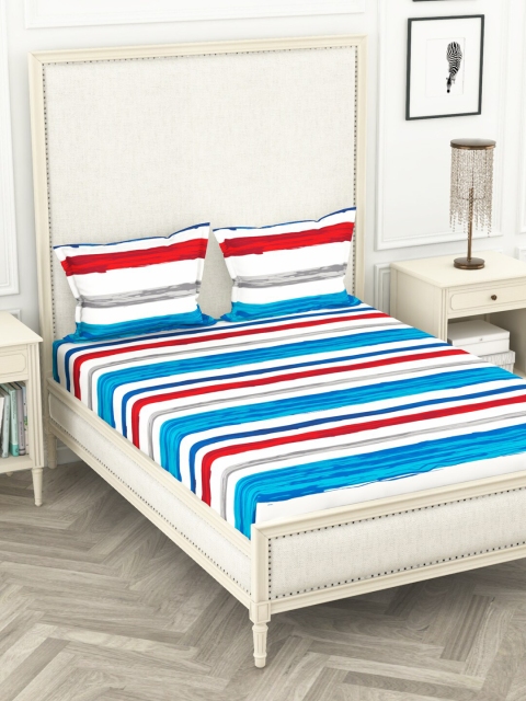 

BIANCA Blue & Red Striped 110 TC Pure Cotton Queen Bedsheet With 2 Pillow Covers