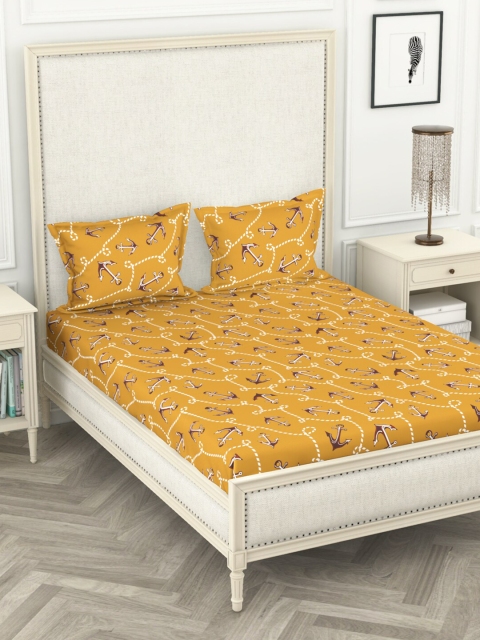 

BIANCA Gold-Toned & Brown Geometric 110 TC Cotton Queen Bedsheet with 2 Pillow Covers
