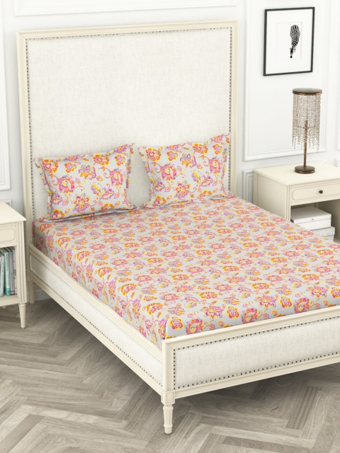 

BIANCA Grey & Yellow Floral 110 TC Pure Cotton Queen Bedsheet With 2 Pillow Covers