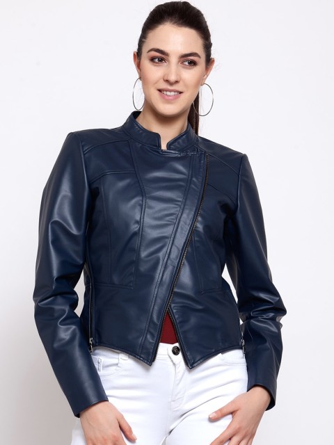 

BEAVER Women Navy Blue Crop Biker Jacket