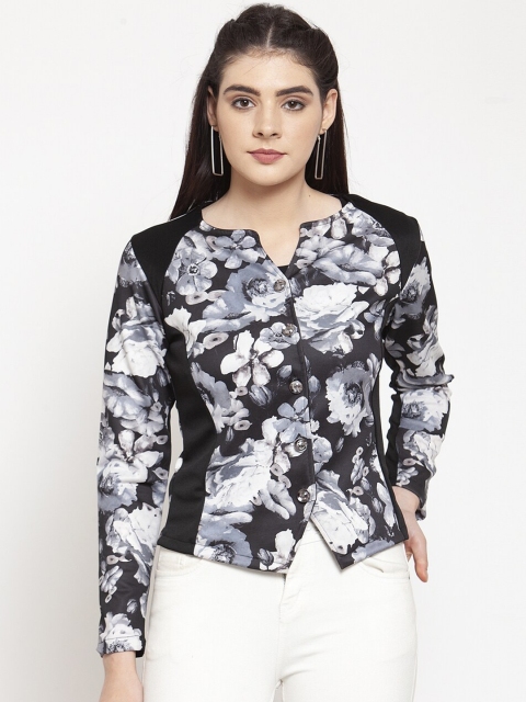 

armure Women Black & Grey Floral Printed Casual Blazer