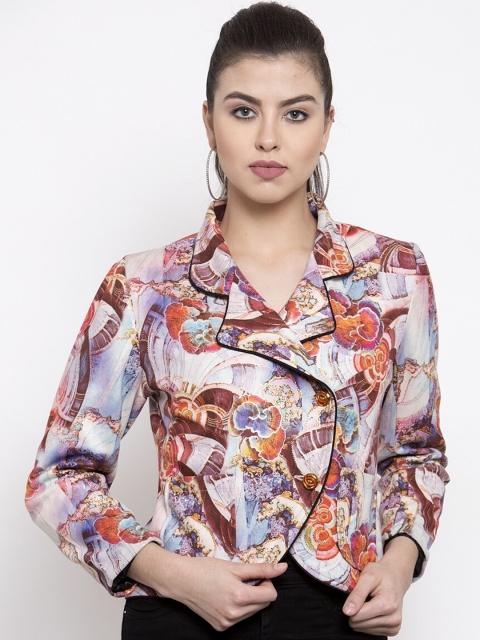 

armure Women Brown & Blue Printed Double-Breasted Blazer