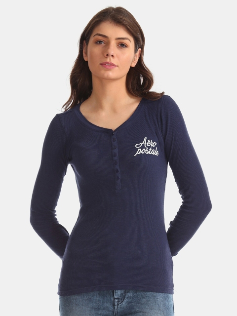 

Aeropostale Women Blue Henley Neck Cotton Pure Cotton T-shirt