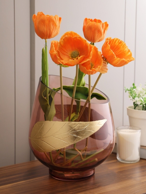 

Living Essence Gold-Toned & Pink Leaf Patterned Glass Flower Vase