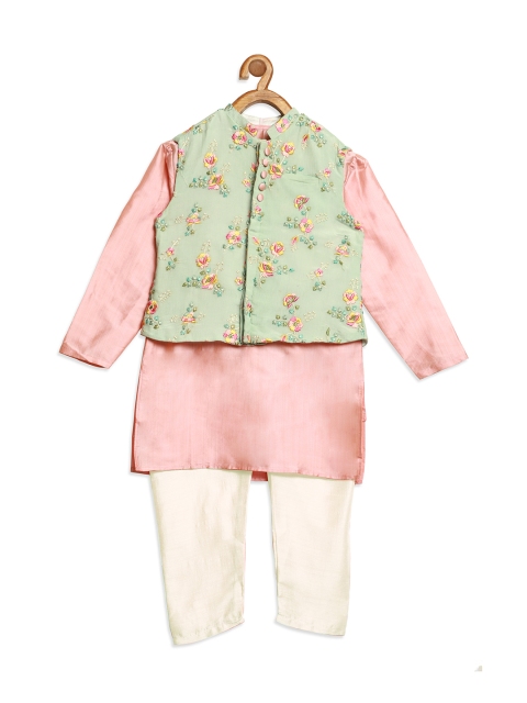 

EthnoVogue Boys Pink & Off-White Regular Kurta with Pyjamas & Nehru Jacket