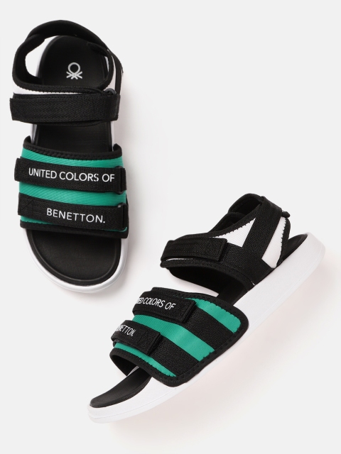 

United Colors of Benetton Men Black & Green Brand Logo Print Sports Sandals
