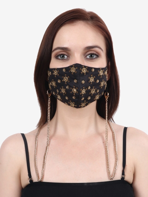 

Diwaah Women Black & Gold-Coloured Embellished Pure Cotton Reusable Cloth Mask