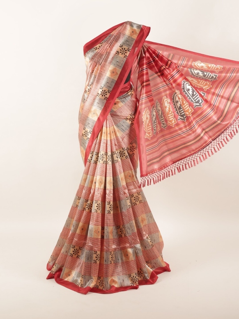 

Pothys Peach-Coloured & Red Floral Saree