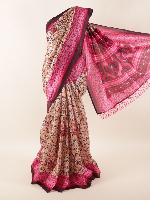 

Pothys Cream-Coloured & Pink Floral Saree