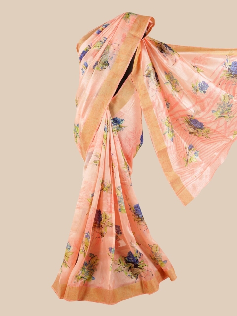 

Pothys Peach-Coloured & Blue Floral Saree