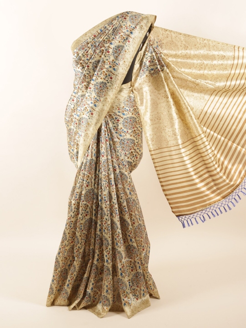 

Pothys Cream-Coloured & Blue Floral Saree