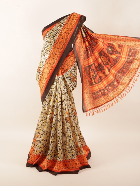 

Pothys Cream-Coloured & Orange Floral Saree