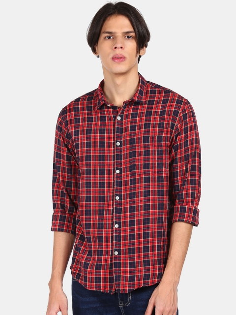 

Ruggers Men Red & Navy Blue Checked Cotton Casual Shirt