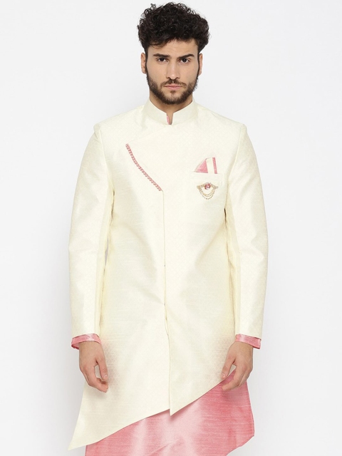 

SG RAJASAHAB Men Cream-Coloured Longline Tailored Jacket with Embroidered