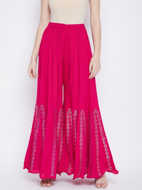 

TULIP 21 Women Pink Mirror-work Curly Hem Flared Palazzos
